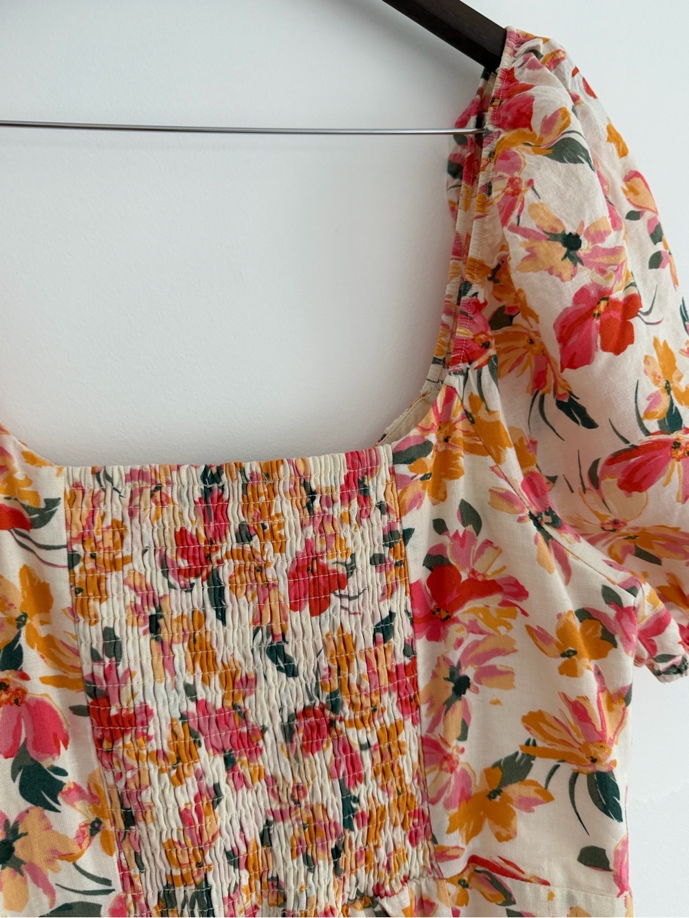 RW&CO. Cream Floral Smocked Square-Neck Blouse with Pink & Yellow Flowers